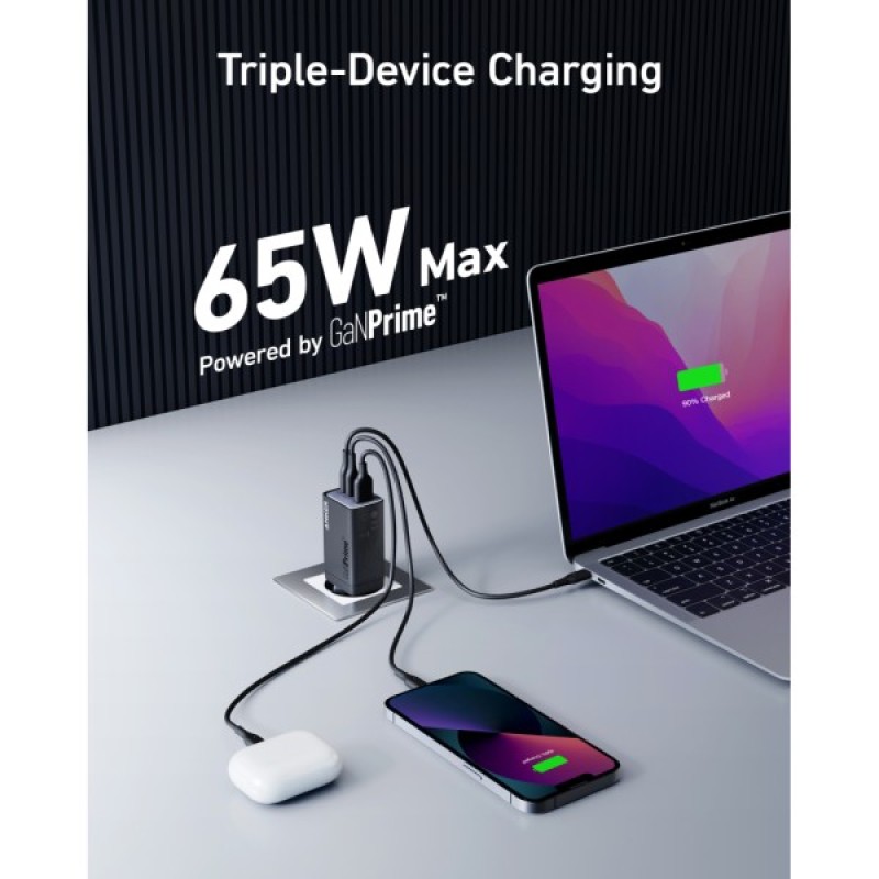 Зарядний пристрій Anker PowerPort 735 GaNPrime 65W 2xUSB-C PD + 1xUSB-A PIQ PPS/DPDS (A2668311)
