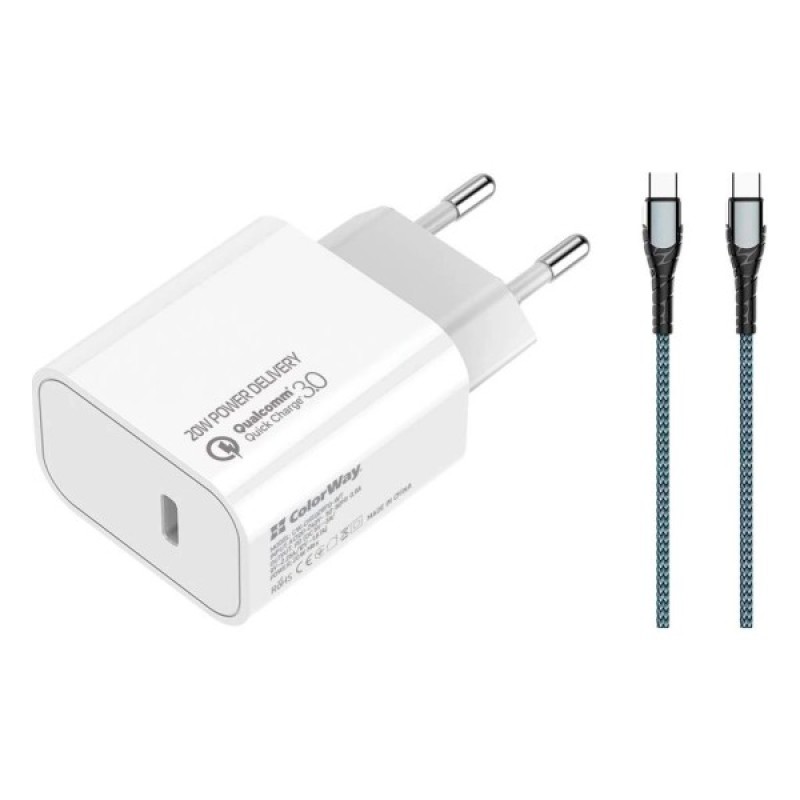 Зарядний пристрій ColorWay C102A Power Delivery 20W USB-C + cable USB-C to USB-C 1.0m 3.0A 65W grey (CW-CHS026PD-WT/CBPDCC040-GR)