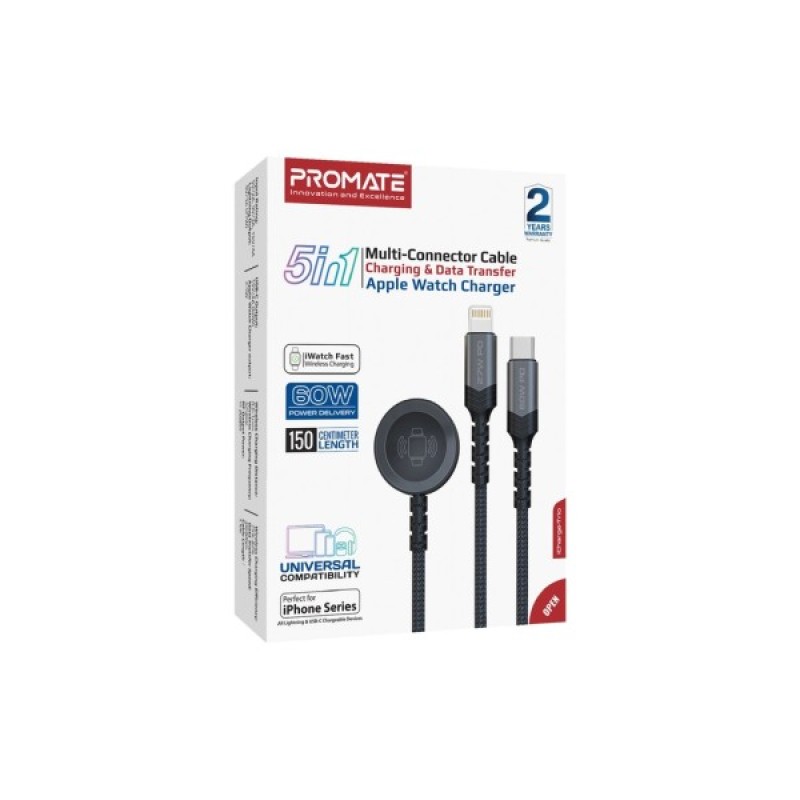 Дата кабель USB-C to Lightning 27W + USB-C 60W + Apple Watch 2.5W 1.5m icharge trio black Promate (icharge-trio.black)