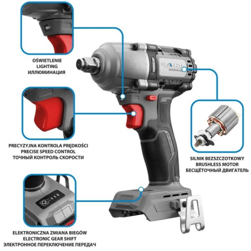 Гайковерт Energy+ 18V, безщітковий, 2600об/хв, 450Нм, 1/2", 3 швидкості, 1.24кг (без АКБ та ЗП) Graphite (58G038)