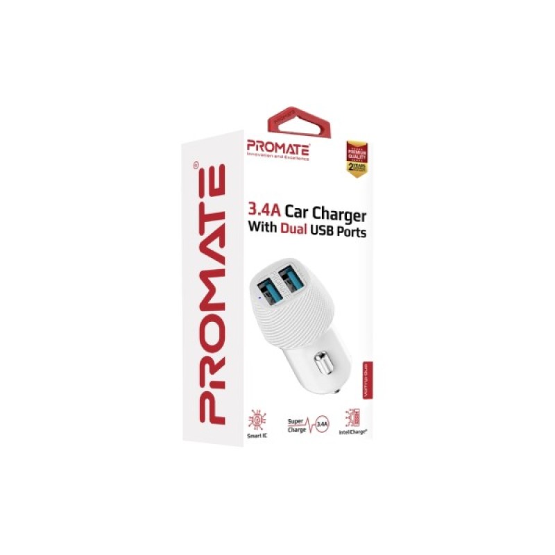 Зарядний пристрій Promate voltrip-duo 2xUSB Car Charger 17W White (voltrip-duo.white)