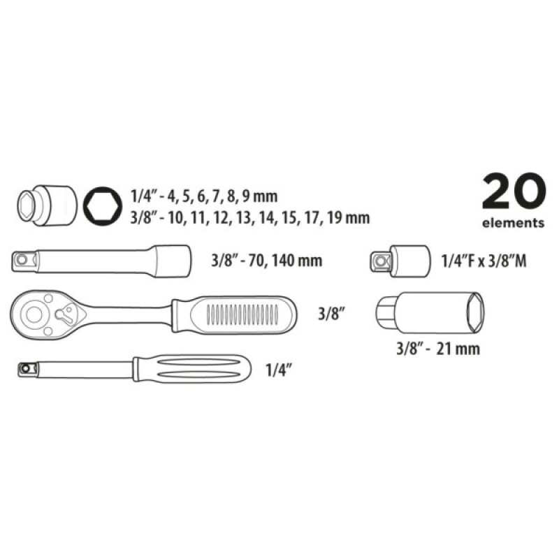 Набір інструментів Top Tools змінних головок 1/4", 3/8" 20 од. (38D520)