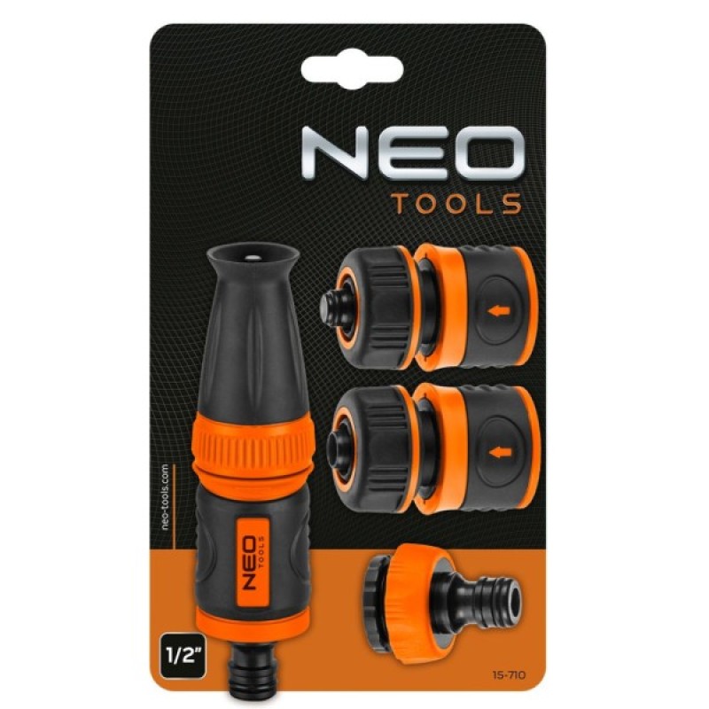Набір для поливу Neo Tools 1/2", зрошувач прямий, 2 конектори для шланга, конектор для крана 1/2"-3/4" (15-710)
