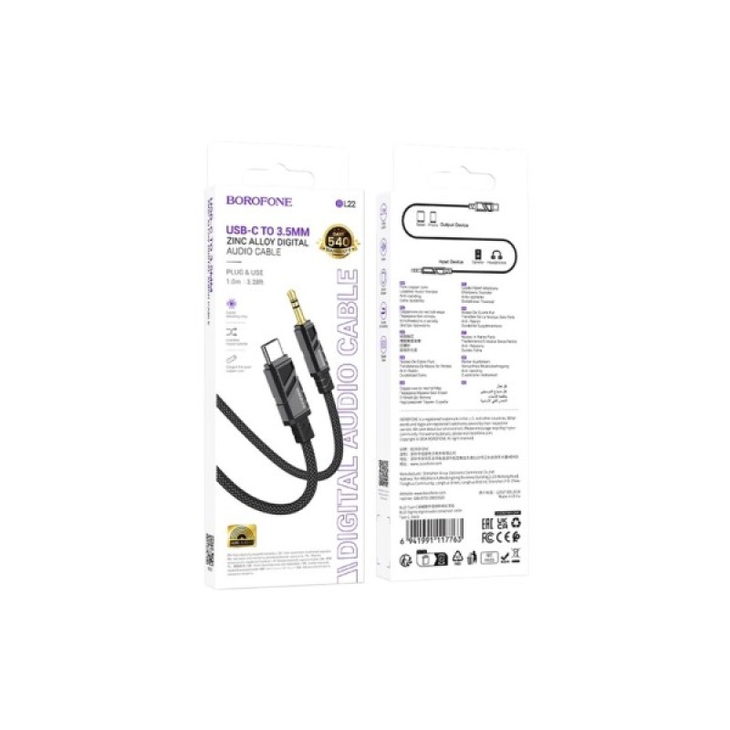 Кабель мультимедійний USB-C to 3.5mm M 1.0m BL22 black BOROFONE (6941991117763)