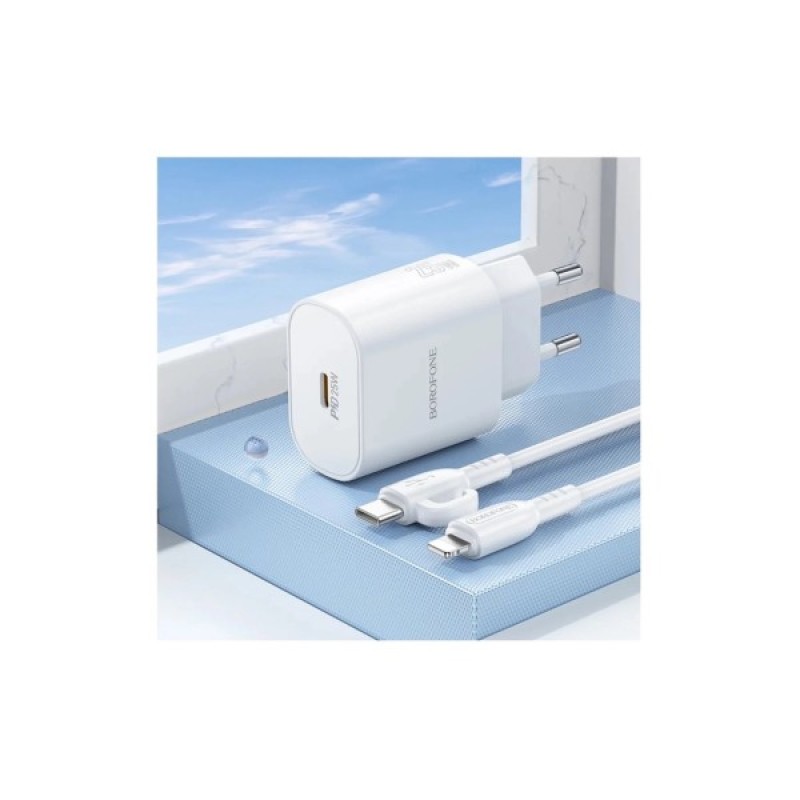 Зарядний пристрій BOROFONE BA82A Platinum USB-C PD25W + cable USB-C to Lightning White (6941991112263)