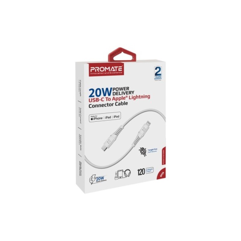 Дата кабель USB-C to Lightning 1.2m 20W PD MFi POWERLINE-CI120 black Promate (powerline-ci120.white)