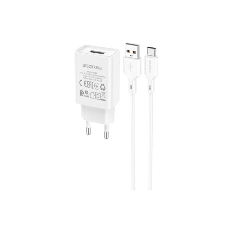 Зарядний пристрій BOROFONE BA68A Glacier USB + cable USB to USB-C 10.5W White (6974443385731)