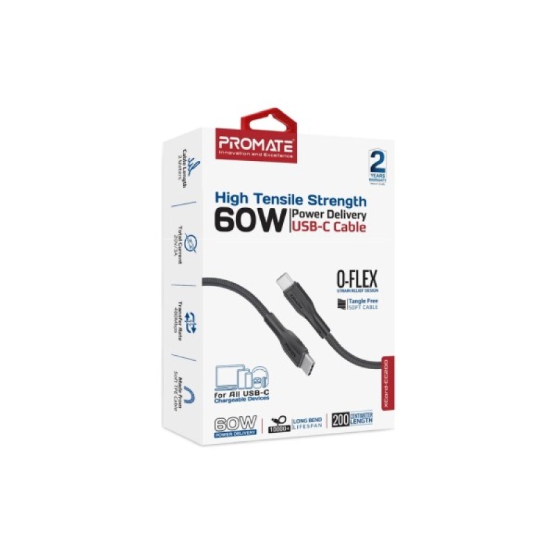 Дата кабель USB-C to USB-C 2.0m 3A xCord-CC200 black Promate (xcord-cc200.black)