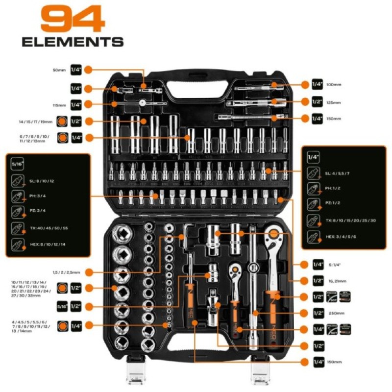 Набір інструментів Neo Tools 94шт, 1/2", 1/4", CrV, кейс (10-062)