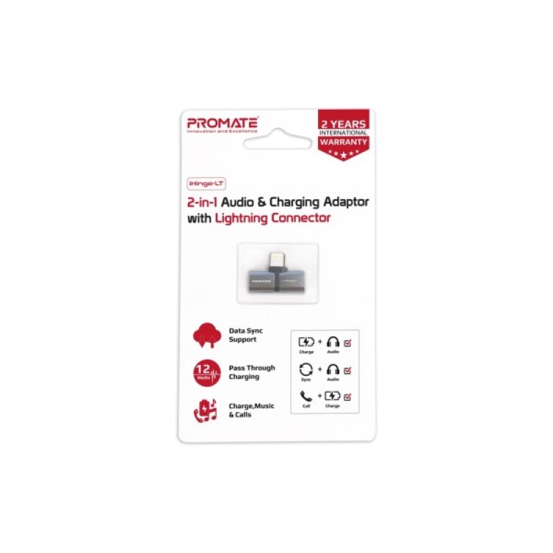 Перехідник Lightning M to 2xLightning F Audiо + Charge Promate (ihinge-lt.grey)