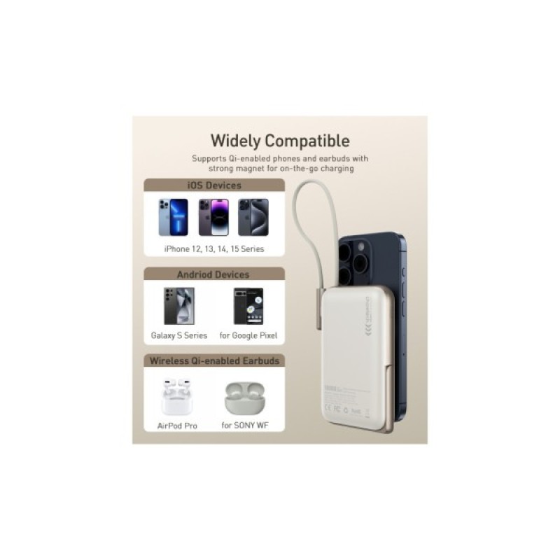 Батарея універсальна Choetech Magnetic Wireless 10000mAh 20W, PD, Qi-15W, USB-C In/Out, buid-in cabel, White (B735-CCWH)