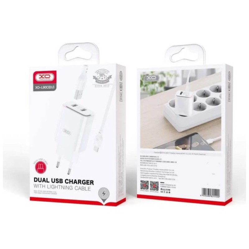 Зарядний пристрій XO L90C (2USB/2.4A) + USB - Lightning White (XO-L90C-L)