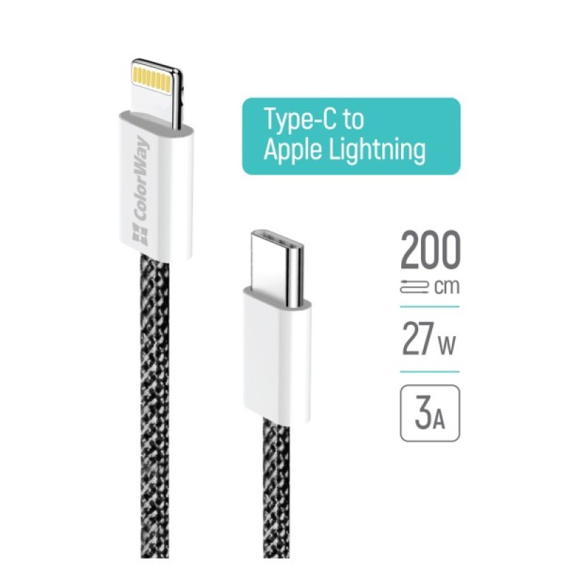 Дата кабель USB-C to Lightning 2.0m (PDF Fast Charging 27W) black ColorWay (CW-CBPDCL068-BK)