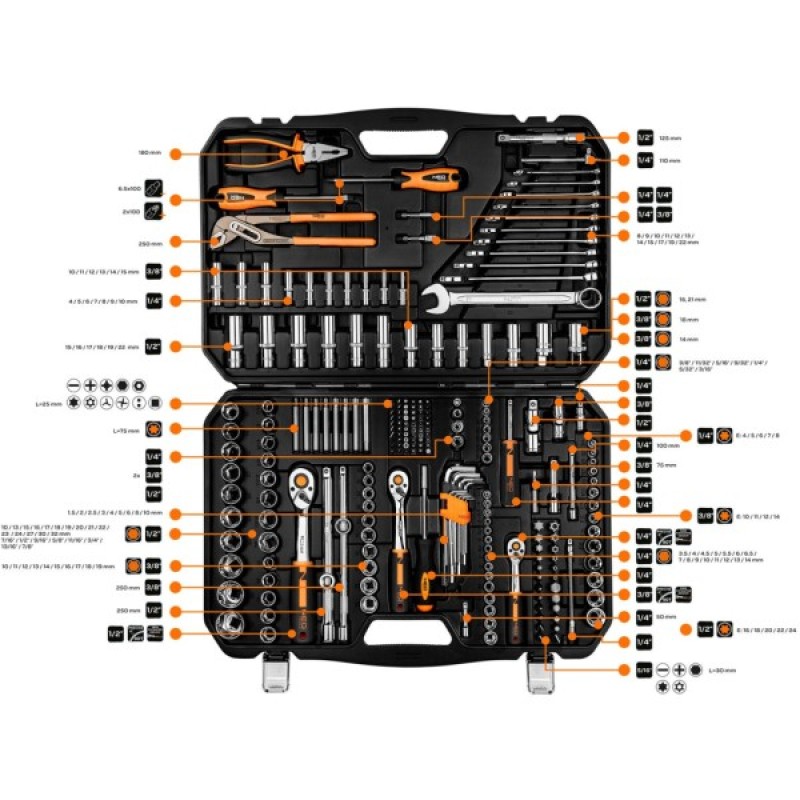 Набір інструментів Neo Tools 233шт, 1/2", 1/4", 3/8", CrV, кейс (10-078)