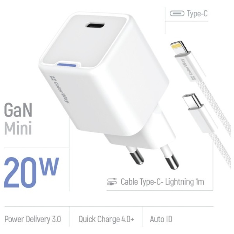 Зарядний пристрій ColorWay C101D GaN Mini 20W PD PPS USB-C + cable USB-C to Lightning white (CW-CHS059PDL-WT)