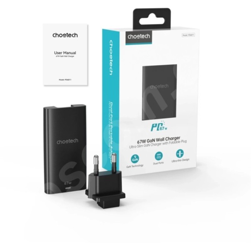 Зарядний пристрій Choetech 2xUSB 65W GaN (USB-C+USB-A) Ultra thin (PD6011-EU-BK)