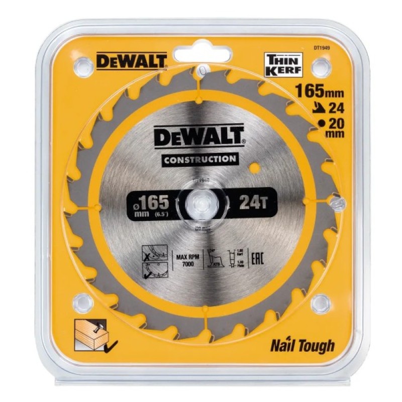 Диск пильний DeWALT CONSTRUCTION 165 х 20 мм, 24z (ATB), 20 гр. (DT1949)