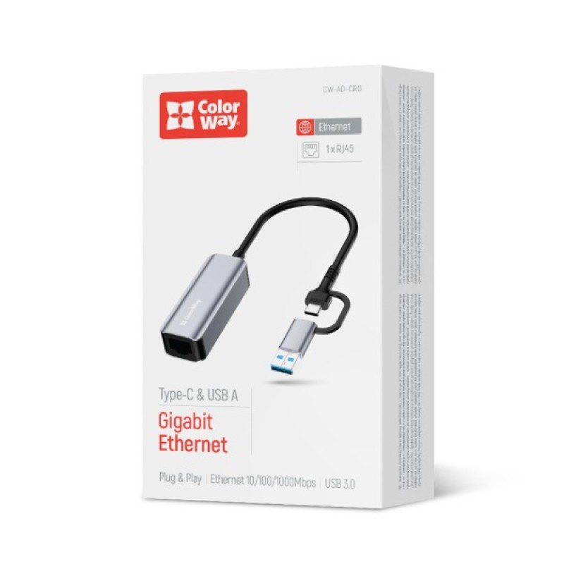 Адаптер USB-C + USB A to RJ45 Ethernet 1000Mbps ColorWay (CW-AD-CRG)