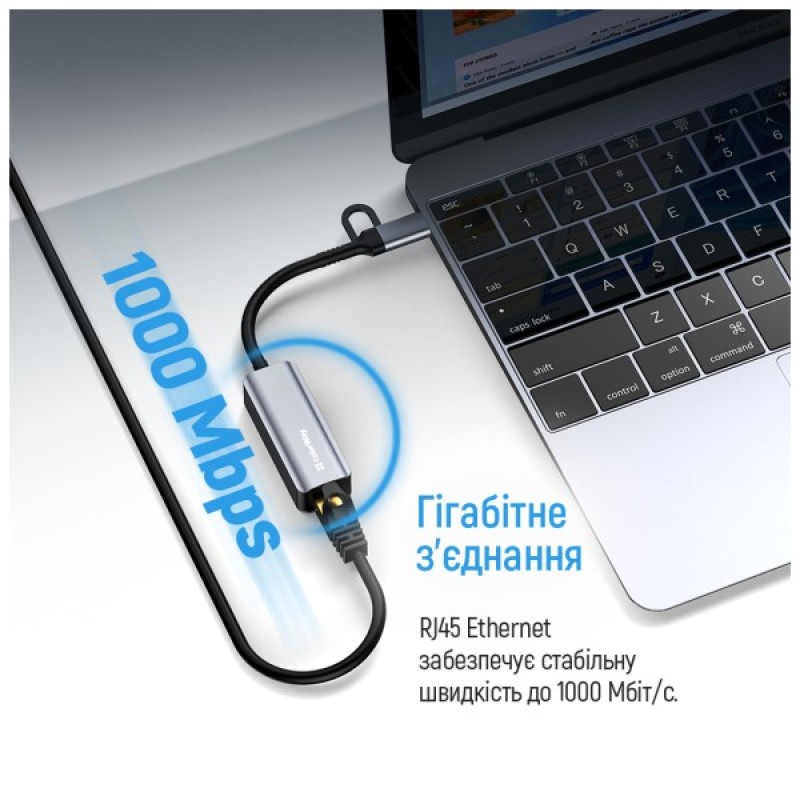 Адаптер USB-C + USB A to RJ45 Ethernet 1000Mbps ColorWay (CW-AD-CRG)