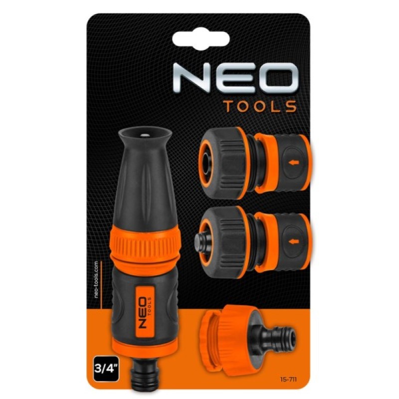 Набір для поливу Neo Tools 3/4", зрошувач прямий, 2 конектори для шланга, конектор для крана 3/4"-1" (15-711)