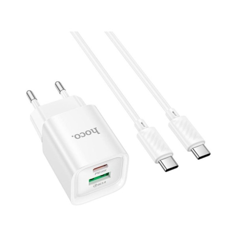 Зарядний пристрій HOCO C147A Charm 1xUSB-C PD20W + 1xUSB QC3.0 + cable USB-C to USB-C White (6942007630290)