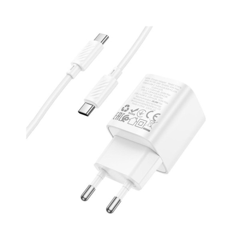 Зарядний пристрій HOCO C147A Charm 1xUSB-C PD20W + 1xUSB QC3.0 + cable USB-C to USB-C White (6942007630290)