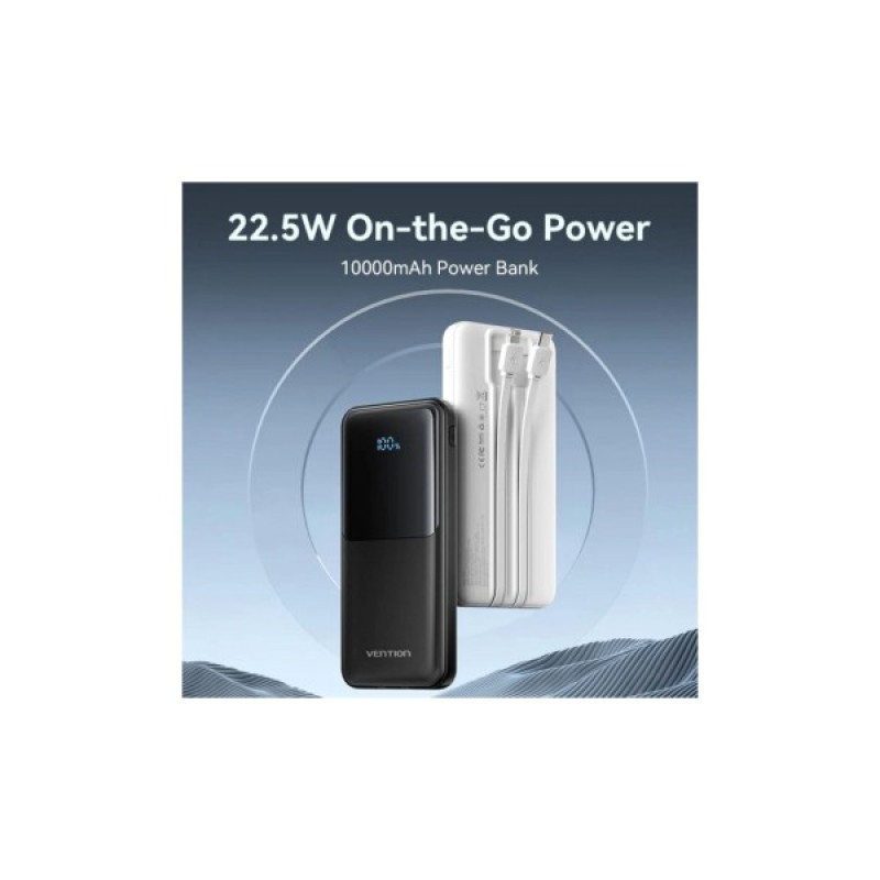 Батарея універсальна Vention 10000mAh 22.5W 3A PD, Built-in USB-C+Lightning Cables, Black (FHOB0)