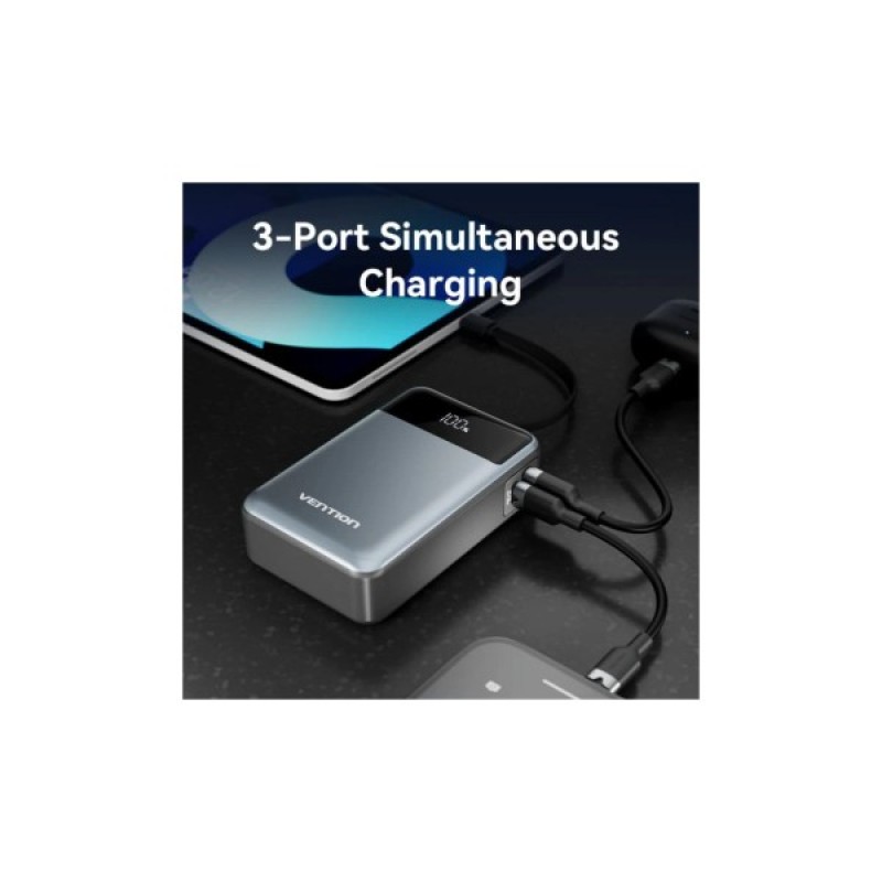 Батарея універсальна Vention 20000mAh 65W 3A PD, QC/3.0, USB-A, Type-C OUT, with Built-in USB-C Cable, LED Display (FHYB0)