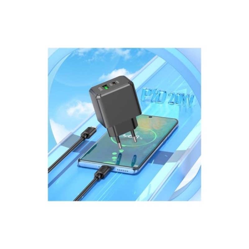 Зарядний пристрій HOCO CS14A USB-C PD20W + USB QC3.0 + cable USB-C to USB-C black (6942007603911)