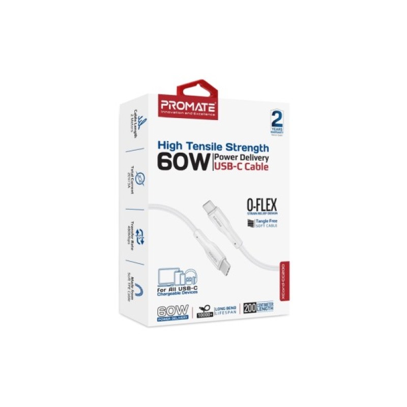 Дата кабель USB-C to USB-C 2.0m 3A xCord-CC200 white Promate (xcord-cc200.white)