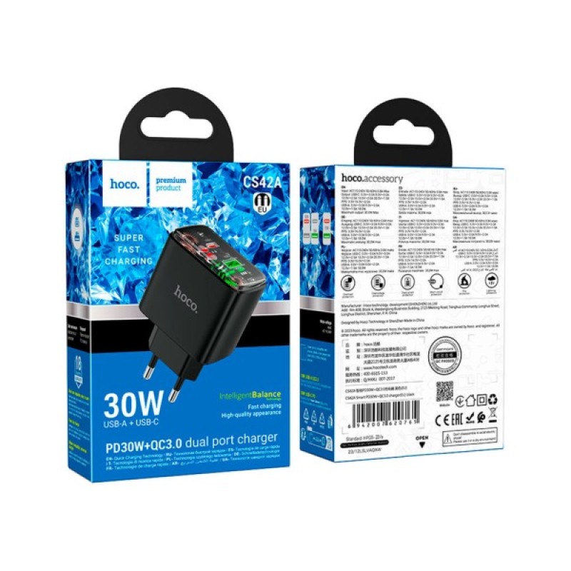 Зарядний пристрій HOCO CS42A Smart 1xUSB-C PD30W + 1xUSB QC3.0 Black (6942007620765)