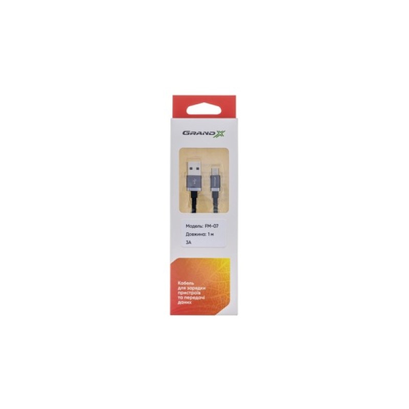 Дата кабель USB 2.0 AM to Micro 5P 1.0m 3A silver black Grand-X (FM07SB)