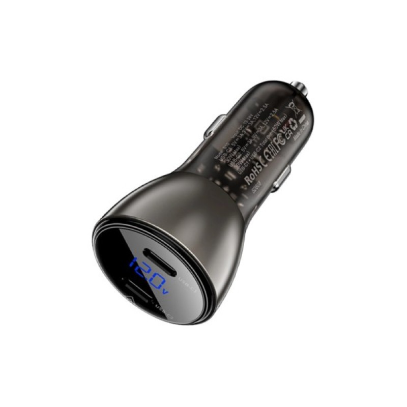 Зарядний пристрій Acefast B10 Car Charger 2xUSB-C 60W with digital display Metal Black (6974316282358)