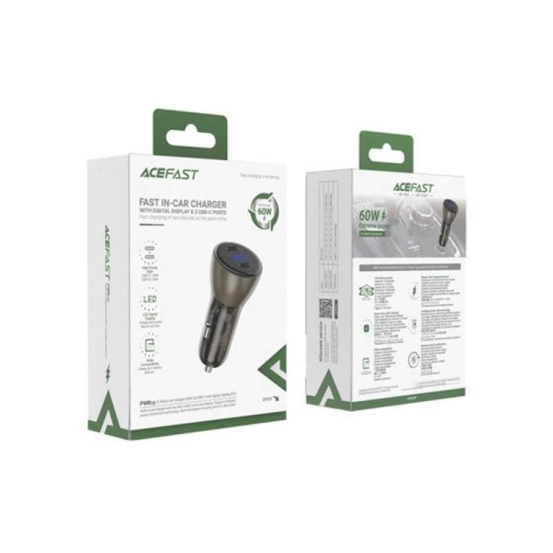 Зарядний пристрій Acefast B10 Car Charger 2xUSB-C 60W with digital display Metal Black (6974316282358)