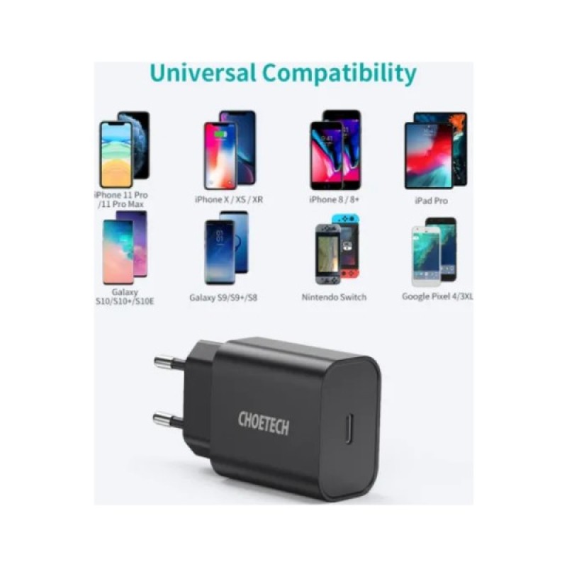 Зарядний пристрій Choetech 1xUSB 20W (1 USB-C) PD matte wall charger black (Q5004-EU-BK)