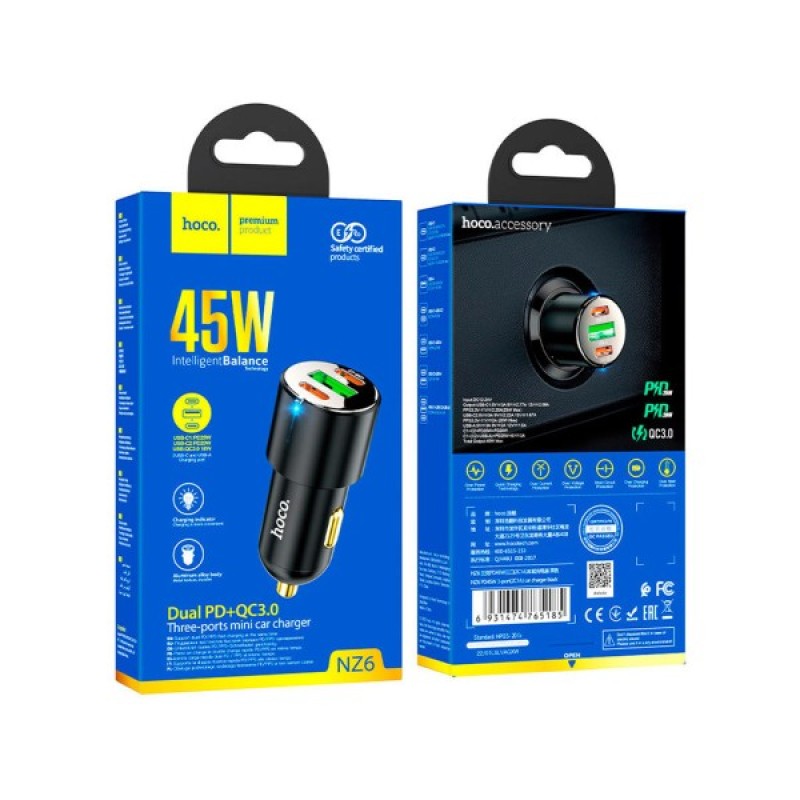 Зарядний пристрій HOCO NZ6 2xType-C, USB-A Black (6931474765185)