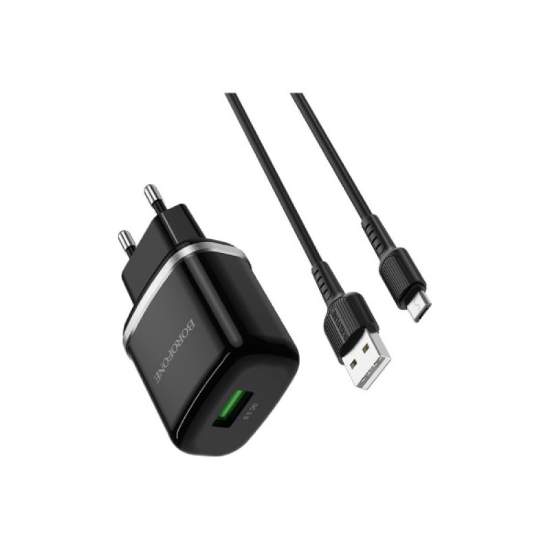 Зарядний пристрій BOROFONE BA36A High Speed USB QC3.0 + cable USB to Micro 5P 18W Black (6931474715982)