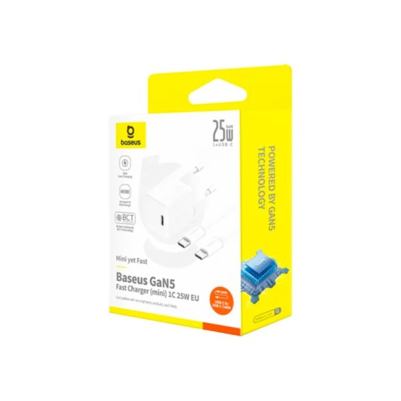 Зарядний пристрій Baseus GaN5 Fast Charger USB-C 25W + Cable Type-C 100W white (P10110909213-01)