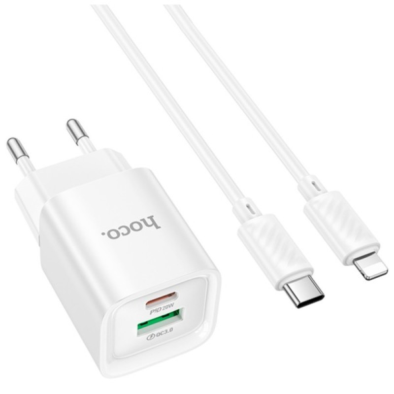 Зарядний пристрій HOCO C147A Charm 1xUSB-C PD20W + 1xUSB QC3.0 + cable USB-C to Lightning White (6942007630283)