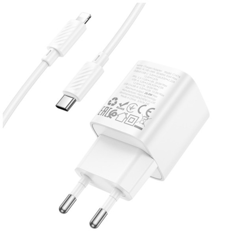 Зарядний пристрій HOCO C147A Charm 1xUSB-C PD20W + 1xUSB QC3.0 + cable USB-C to Lightning White (6942007630283)