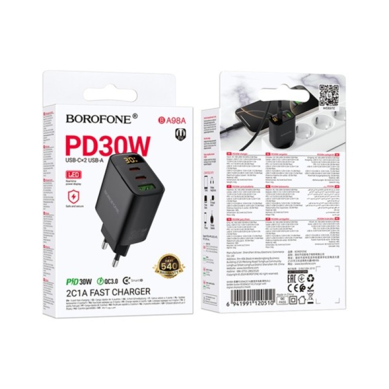 Зарядний пристрій BOROFONE BA98A 2xUSB-C PD30W + 1xUSB 18W digital display black (6941991120510)
