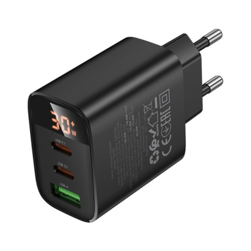 Зарядний пристрій BOROFONE BA98A 2xUSB-C PD30W + 1xUSB 18W digital display black (6941991120510)