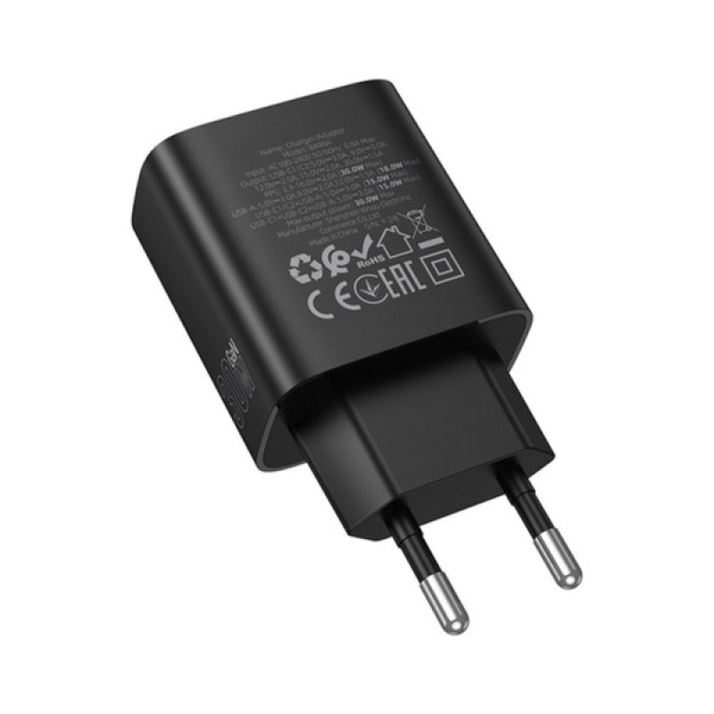 Зарядний пристрій BOROFONE BA98A 2xUSB-C PD30W + 1xUSB 18W digital display black (6941991120510)