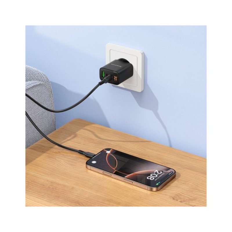 Зарядний пристрій BOROFONE BA98A 2xUSB-C PD30W + 1xUSB 18W digital display black (6941991120510)