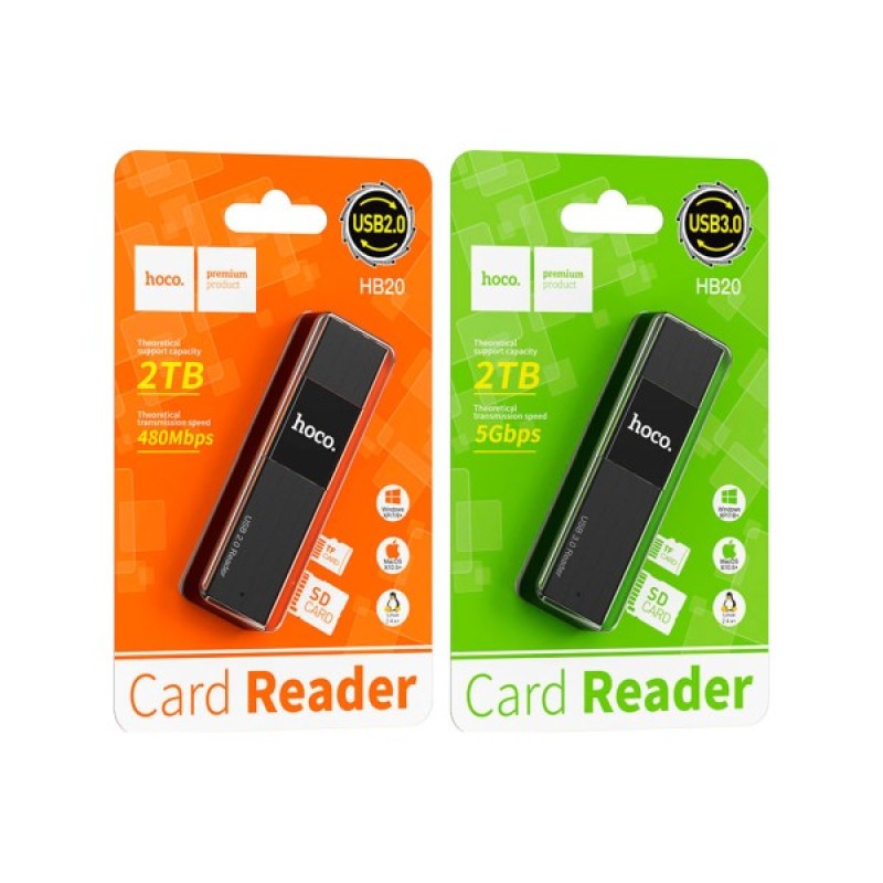 Зчитувач флеш-карт HOCO USB3.0 to microSD, microSDHC, microSDXC, SD, SDHC, SDXC, HB20 Black (6931474735218)