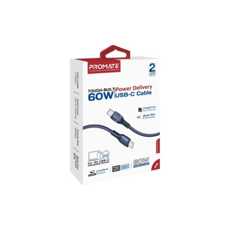 Дата кабель USB-C to USB-C 1.2m 60W PD FletchLink-CC blue Promate (fletchlink-cc.blue)