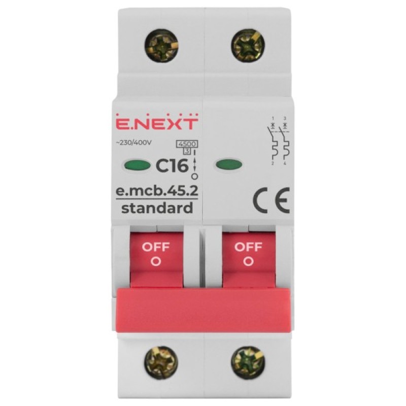 Автоматичний вимикач E.NEXT 2-п e.mcb.stand. 16А C ( 4,5кА) (s002017)