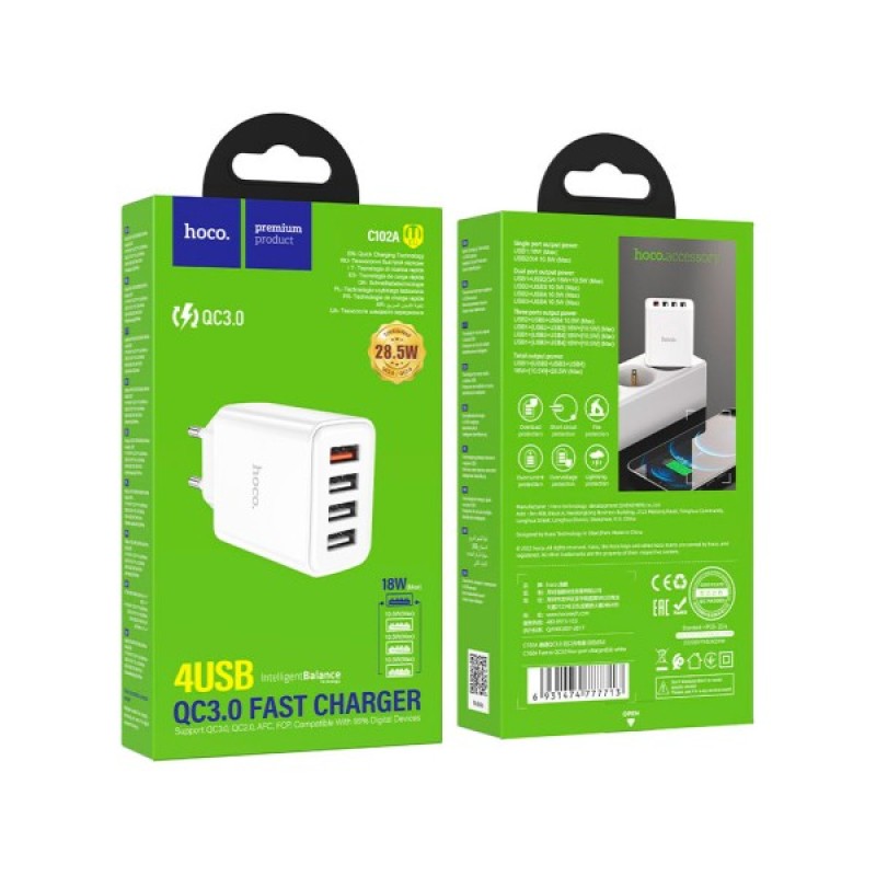 Зарядний пристрій HOCO C102A Fuerza 1xUSB QC3.0 + 3-port USB 18W White (6931474777713)