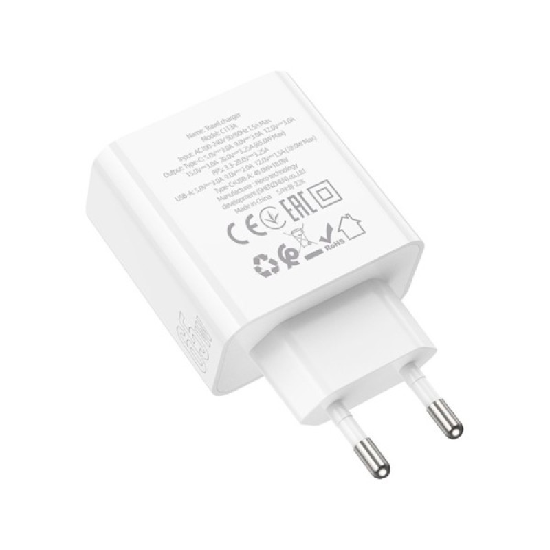 Зарядний пристрій HOCO C113A Awesome 1xUSB-C PD65W + 1xUSB QC3.0 White (6931474790910)
