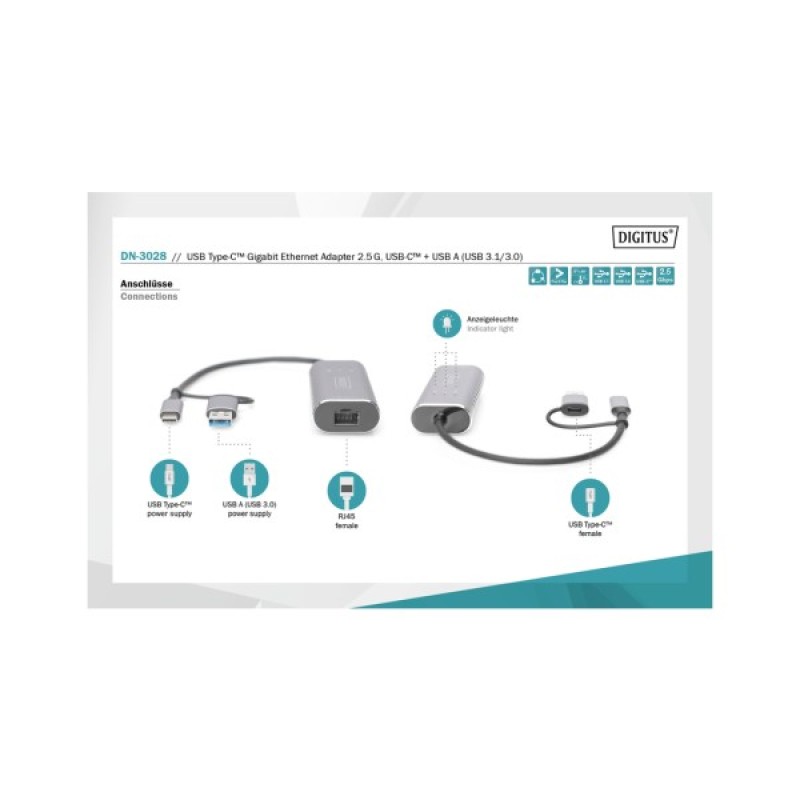 Перехідник USB-C + USB 3.0 to RJ45 2500Mbps Ethernet Digitus (DN-3028)